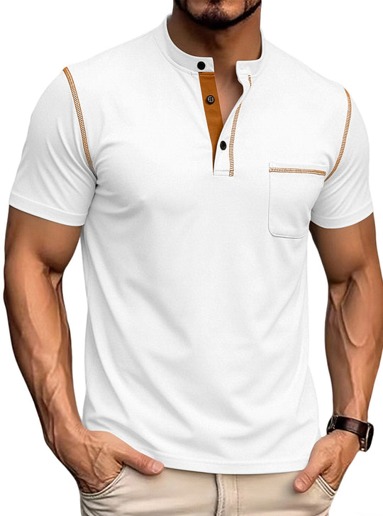 Herren nan kurzärmeliges Henley-Shirt mit Stehkragen, Brusttasche und kontrastierenden Ziernähten