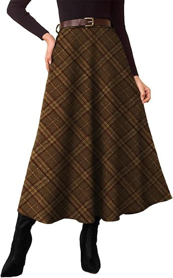 Damen Karierter Midirock in A-Linie mit hoher Taille und seitlichen Eingrifftaschen Shop Nory
