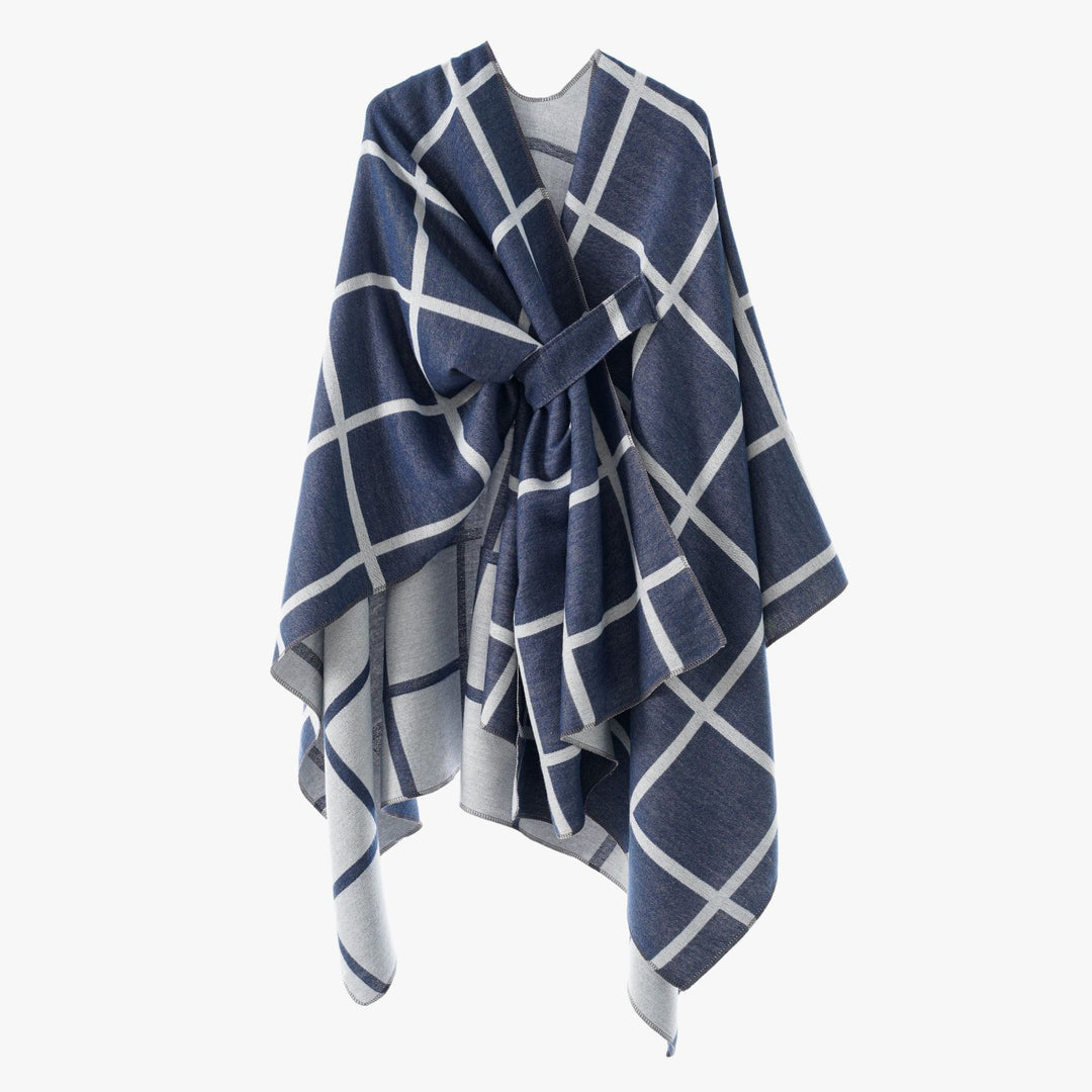 Damen Oversize Poncho aus Feinstrick mit Taillengürtel und Karomuster Shop Nory