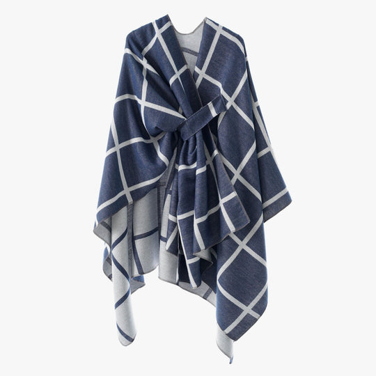 Damen Oversize Poncho aus Feinstrick mit Taillengürtel und Karomuster Shop Nory