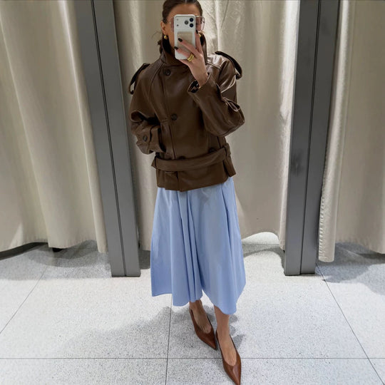 Damen Kurz geschnittener Oversize Lederimitat-Trench mit Taillengürtel und Epauletten Shop Nory