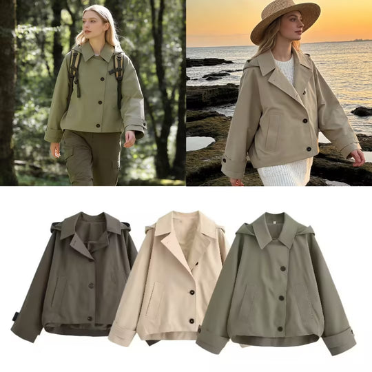 Damen Kurze Oversize-Trenchjacke mit Umlegekragen und Schulterklappen Shop Nory