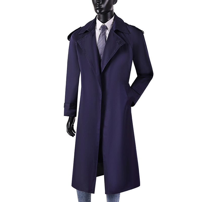 Herren eleganter knie- bis wadenlanger Trenchcoat mit verdeckter Knopfleiste und Schulterklappen Shop Nory