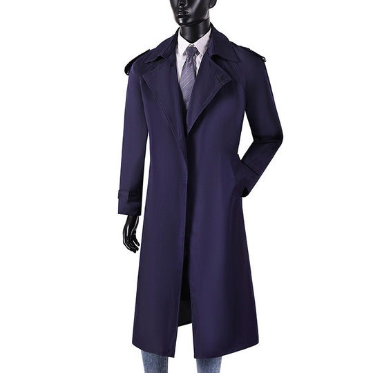 Herren eleganter knie- bis wadenlanger Trenchcoat mit verdeckter Knopfleiste und Schulterklappen Shop Nory