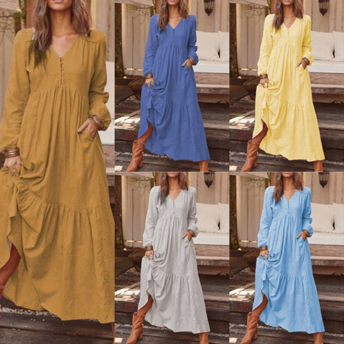 Damen Langes Stufenkleid aus Leinenmix mit V-Ausschnitt und Eingrifftaschen Shop Nory
