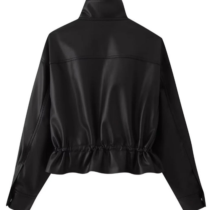 Damen gekürzte Kunstlederjacke mit Stehkragen, Reißverschluss und taillierendem Smok Shop Nory
