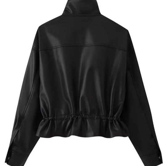 Damen gekürzte Kunstlederjacke mit Stehkragen, Reißverschluss und taillierendem Smok Shop Nory