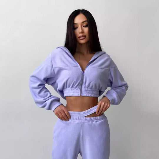 Damen Cropped Fleece-Set mit kurzem Zip-Hoodie und hoher Taillen-Jogginghose Shop Nory