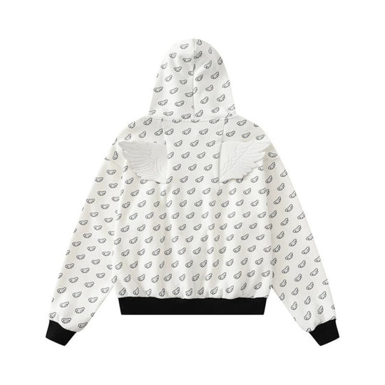 Damen Kapuzensweatjacke mit Allover‑Flügelmotiv, durchgehendem Reißverschluss und kontrastierenden Bündchen Shop Nory