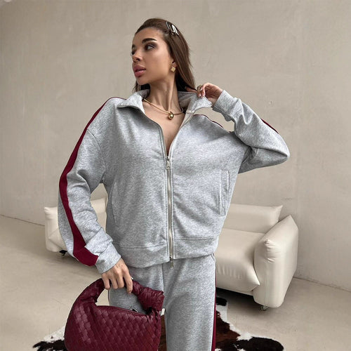 Damen lässiges Zweiteiler-Set mit Stehkragen-Zipjacke und locker geschnittener Tunnelzughose Shop Nory