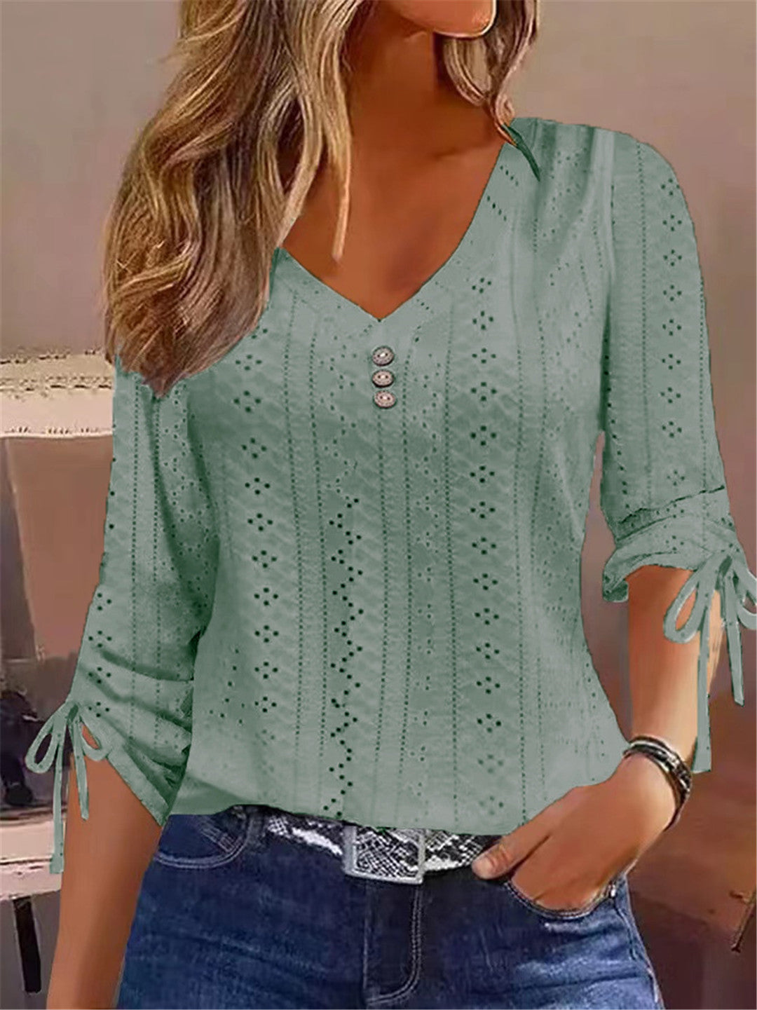 Damen V-Ausschnitt Bluse mit Raffdetails