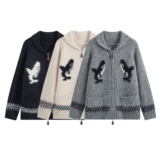 Damen Strickjacke mit Reißverschluss, Schalkragen und Wal‑Intarsien Shop Nory