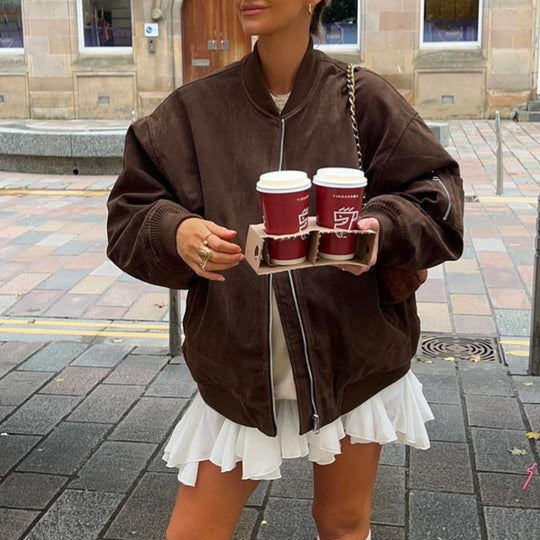 Damen Oversize-Suede-Bomberjacke mit Reißverschluss & gerippten Bündchen Shop Nory