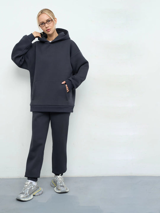 Damen lässiges Kapuzen-Sweatset aus schwerer Baumwollfleece mit Kängurutasche und gerader Jogginghose Shop Nory