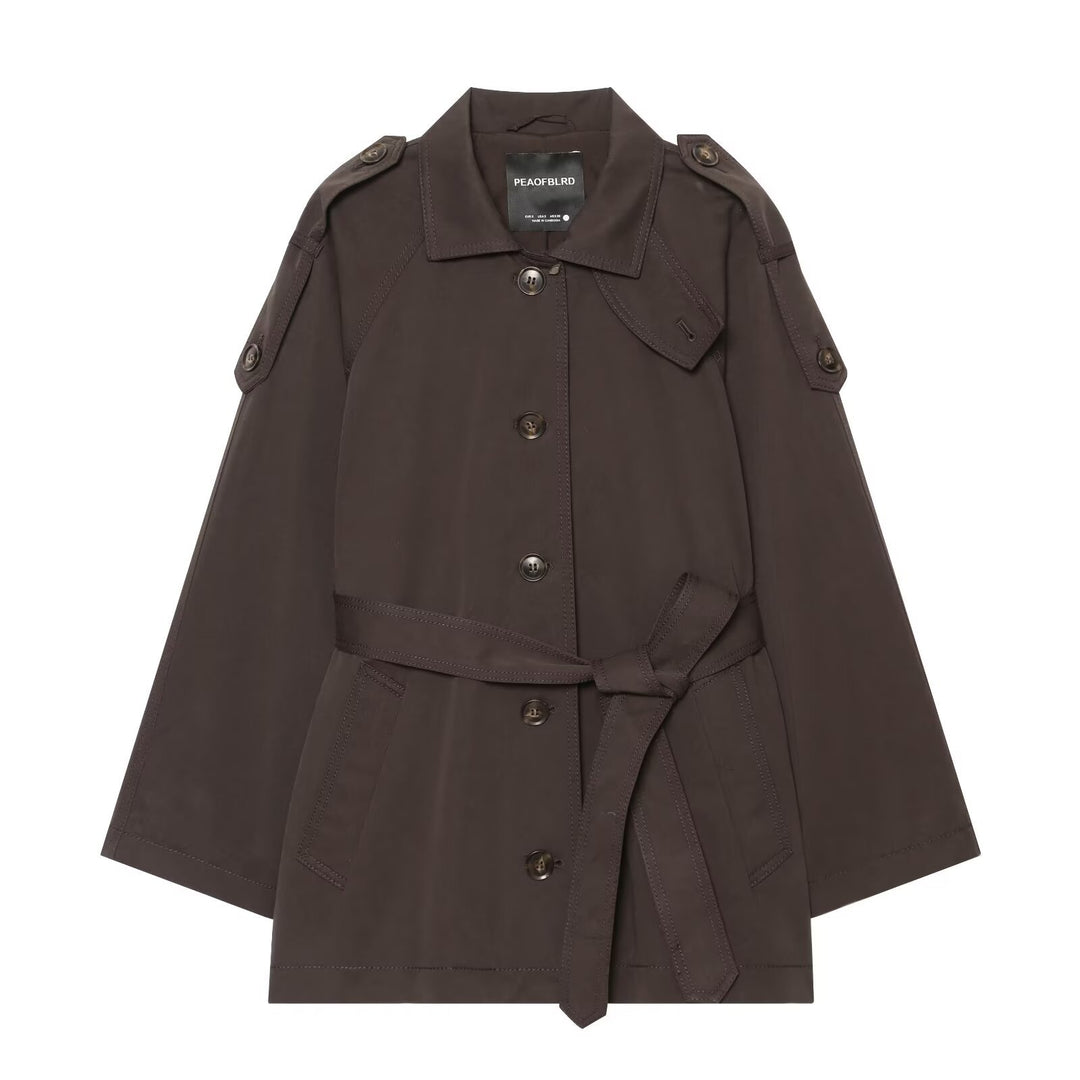 Damen Kurzer Trenchcape mit Taillengürtel, Epauletten und aufgesetzten Taschen Shop Nory