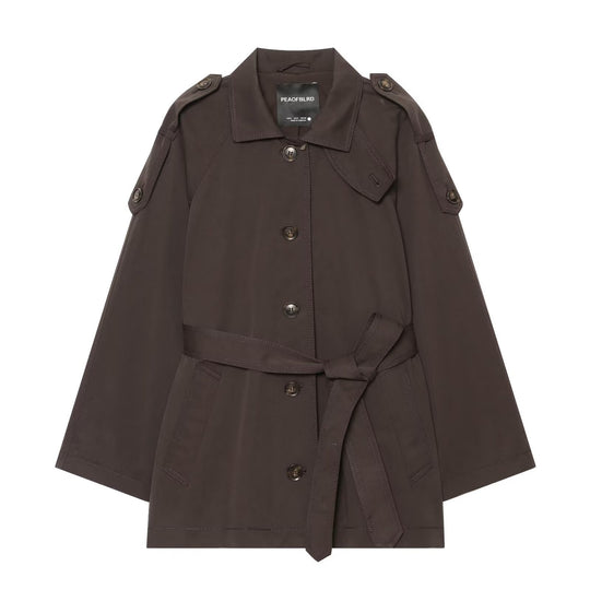 Damen Kurzer Trenchcape mit Taillengürtel, Epauletten und aufgesetzten Taschen Shop Nory