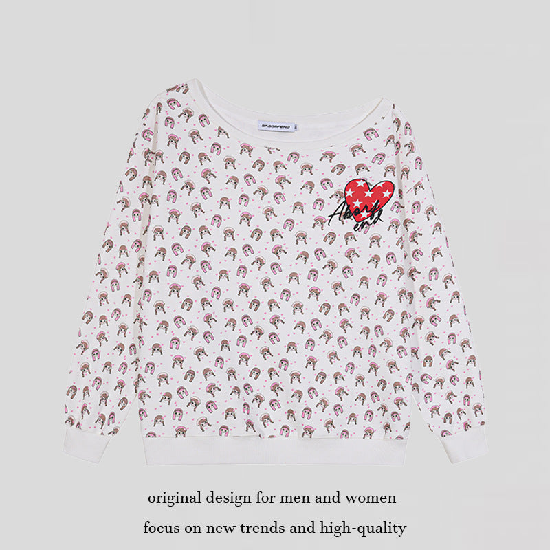 Damen Sweatshirt mit Allover-Cartoonprint, weitem Rundhalsausschnitt und Herz-Patch Shop Nory