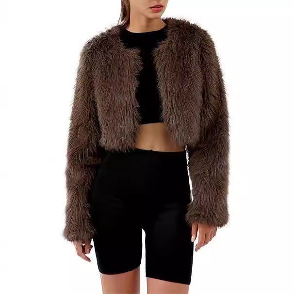Damen Kurze glamouröse Kunstfelljacke mit lockeren Ärmeln