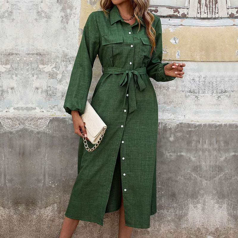Damen Langärmeliges Hemdblusenkleid im Leinenlook mit Taillenbinder und Frontschlitz Shop Nory