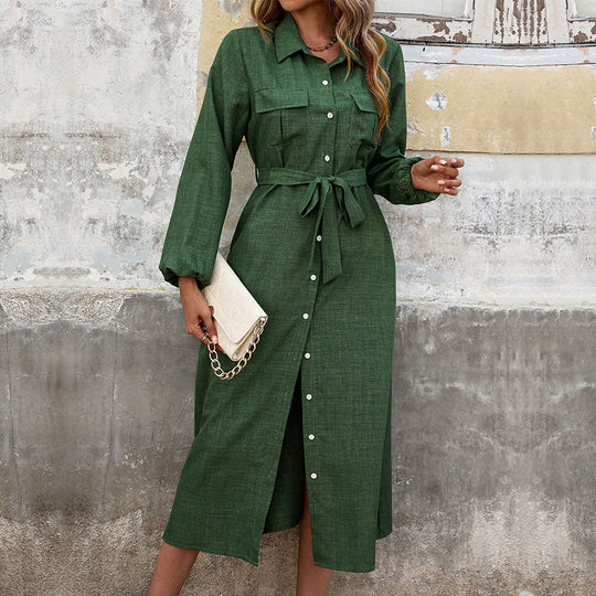 Damen Langärmeliges Hemdblusenkleid im Leinenlook mit Taillenbinder und Frontschlitz Shop Nory