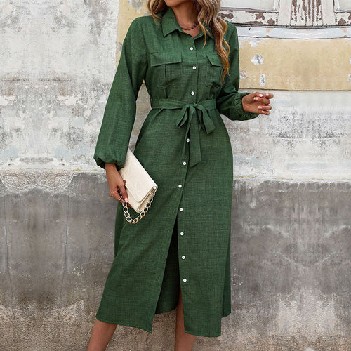 Damen Langärmeliges Hemdblusenkleid im Leinenlook mit Taillenbinder und Frontschlitz Shop Nory