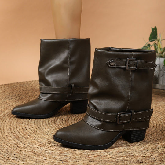 Damen halbhohe Stiefel mit dekorativen Schnallenriemen und Blockabsatz Shop Nory