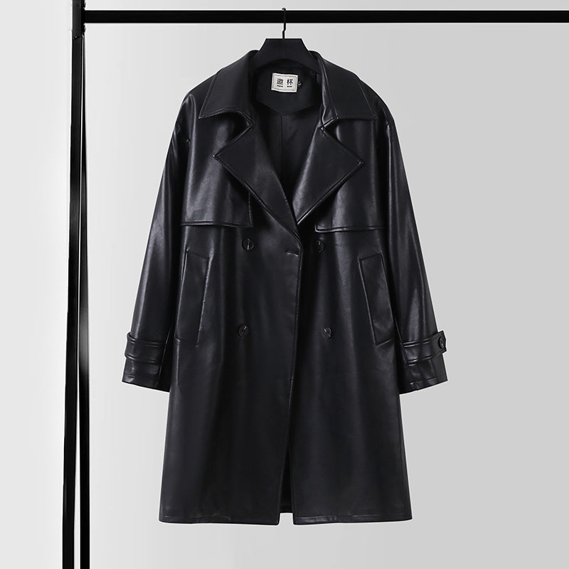 Herren Lederimitat-Trenchcoat mit Doppelreiher, Oversize-Schnitt und Manschettenriegel Shop Nory