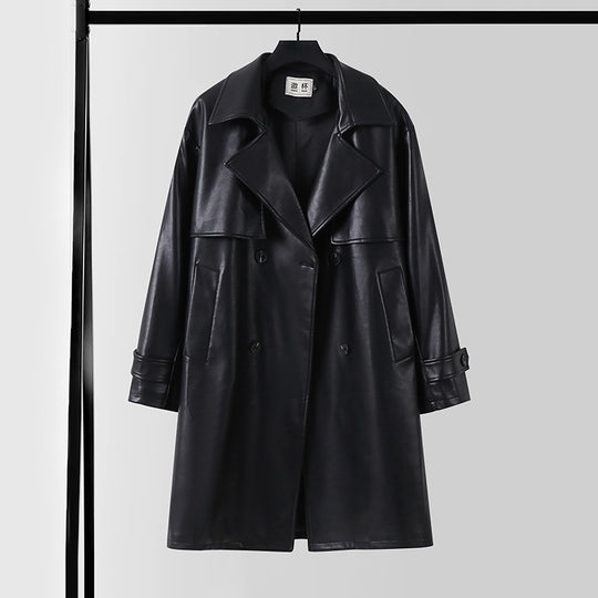 Herren Lederimitat-Trenchcoat mit Doppelreiher, Oversize-Schnitt und Manschettenriegel Shop Nory