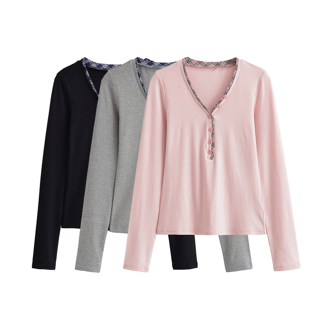 Damen Langarmshirt mit V-Ausschnitt, Knopfleiste und Karobesatz Shop Nory