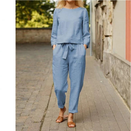 Damen Lässiges Leinen-Loungewear-Set mit Rundhalsausschnitt, Bindegürtel und knöchellanger Hose Shop Nory