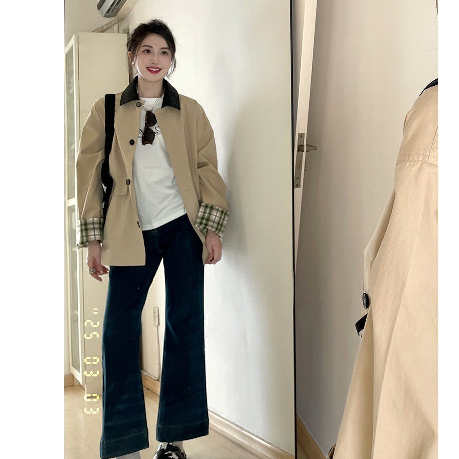 Damen Kurztrenchjacke im Oversize-Schnitt mit Kontrastkragen und karierten Umschlagmanschetten Shop Nory