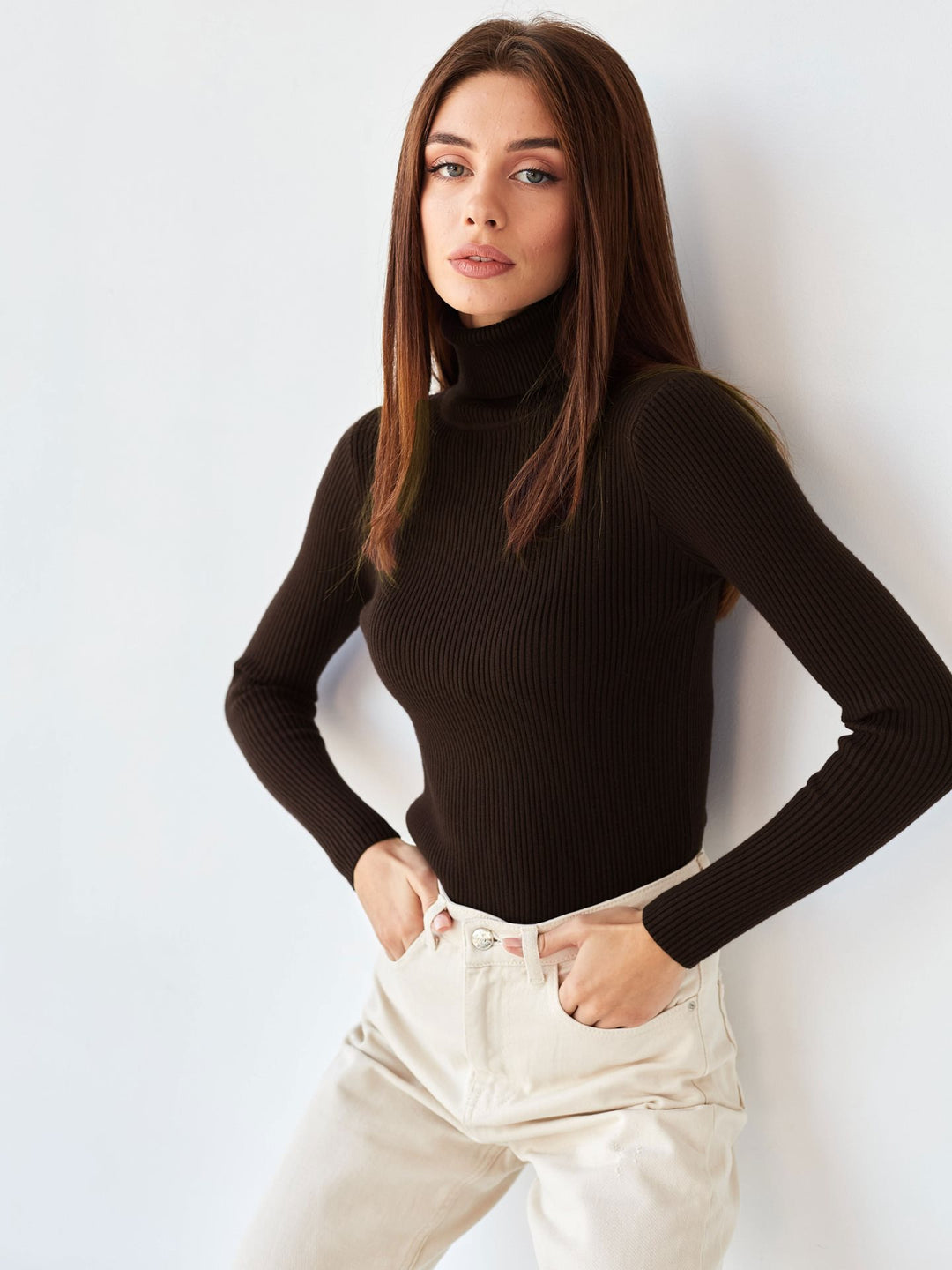Damen Figurbetonter Rippstrick-Rollkragenpullover Shop Nory