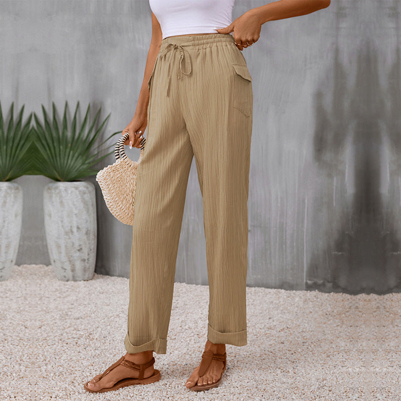 Damen Leichte Leinenoptik-Hose mit Gummibund, Tunnelzug und geradem Bein Shop Nory