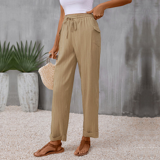 Damen Leichte Leinenoptik-Hose mit Gummibund, Tunnelzug und geradem Bein Shop Nory