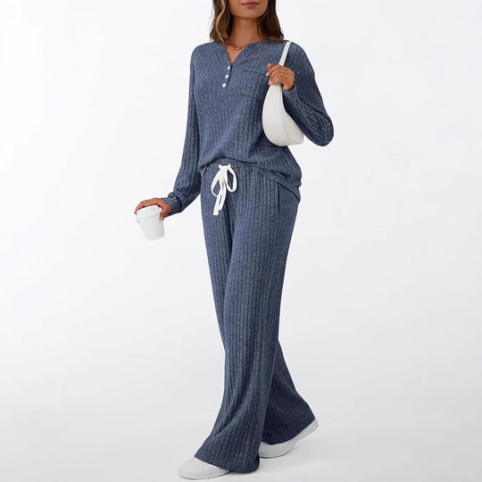 Damen Rippstrick-Lounge-Set mit Knopfleiste und weitem Kordelbund-Hose Shop Nory