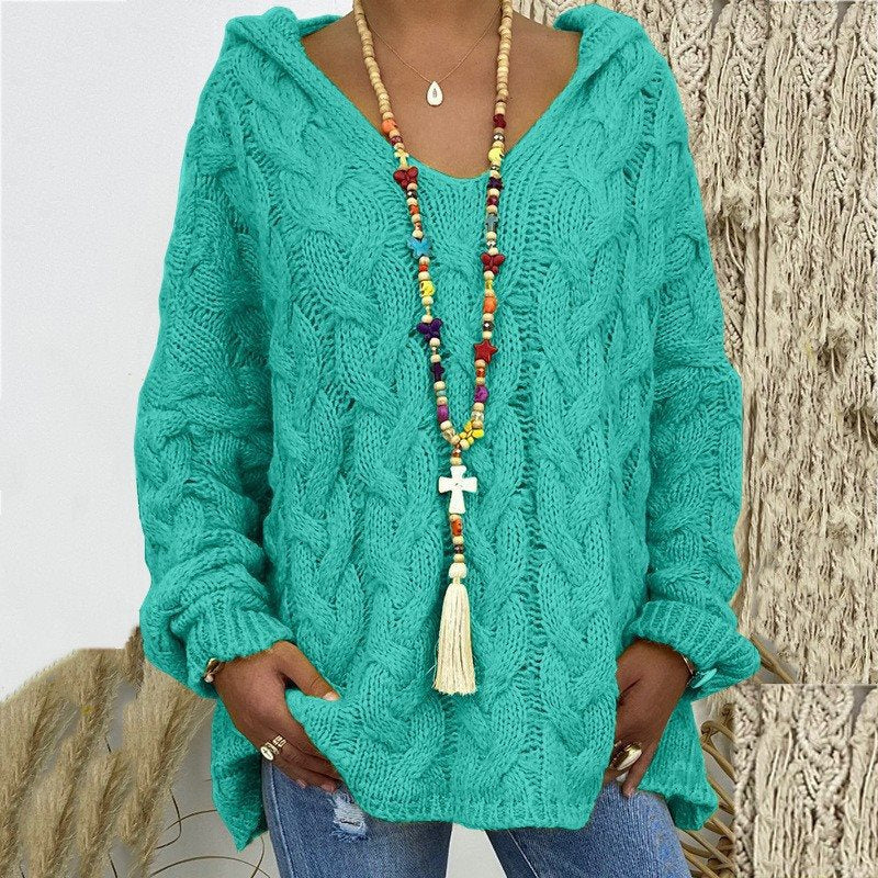 Damen Oversized Zopfmuster-Strickpullover mit Kapuze und lässigem V‑Ausschnitt Shop Nory