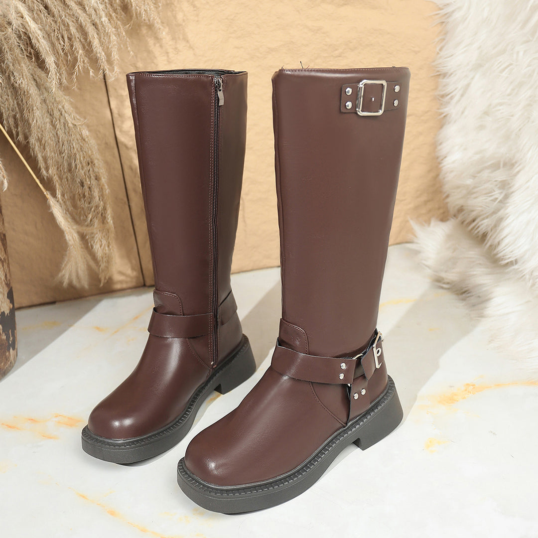 Damen Kniehohe Bikerstiefel mit seitlichem Reißverschluss und Dekorschnallen Shop Nory