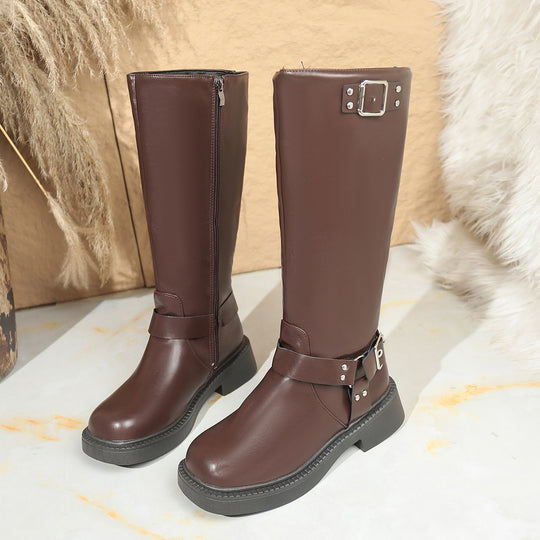 Damen Kniehohe Bikerstiefel mit seitlichem Reißverschluss und Dekorschnallen Shop Nory