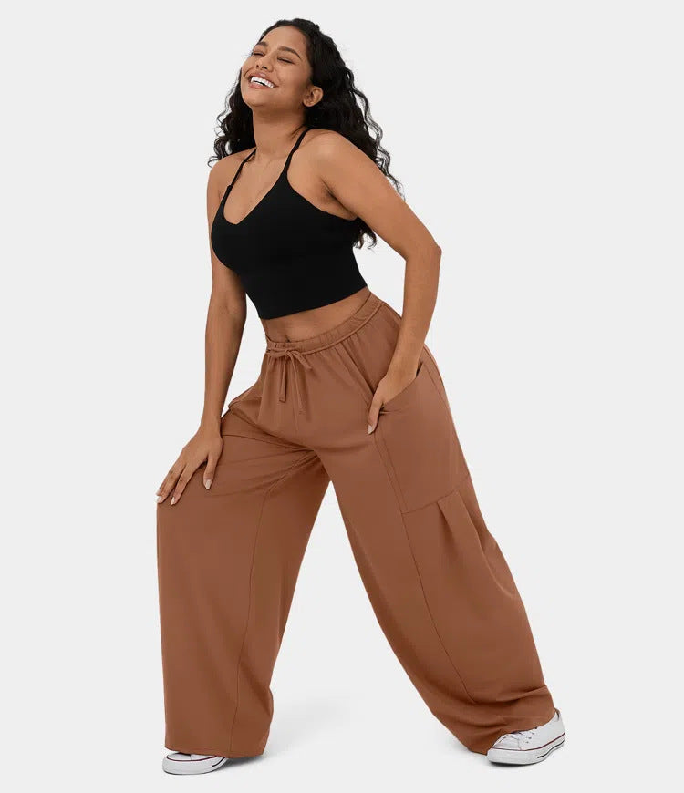Damen Weite Relax‑Hose mit hohem Elastikbund, Tunnelzug und großen Cargo-Taschen Shop Nory