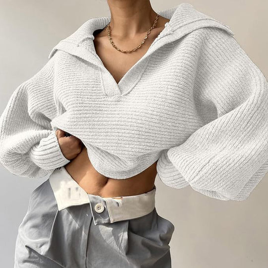 Damen kurzes geripptes Strickpullover mit weitem Matrosenkragen und Ballonärmeln Shop Nory