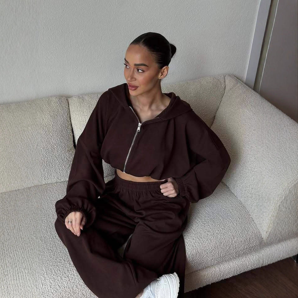 Damen Cropped-Zip-Hoodie und weite High-Waist-Loungehose Zweiteiler Shop Nory