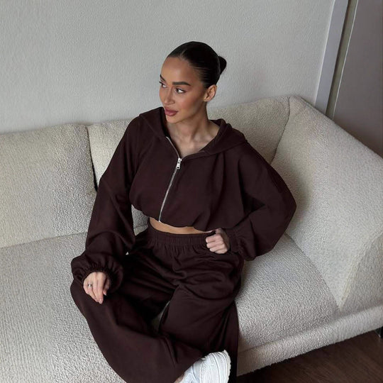 Damen Cropped-Zip-Hoodie und weite High-Waist-Loungehose Zweiteiler Shop Nory