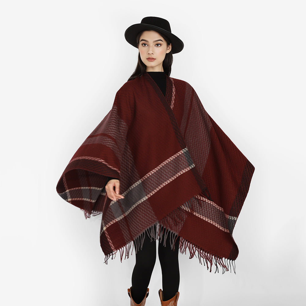 Damen Oversize Capeponcho aus Wollmix mit Karomuster und Fransensaum Shop Nory