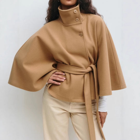 Damen Wollmantel im Cape‑Stil mit Stehkragen und Taillengürtel Shop Nory