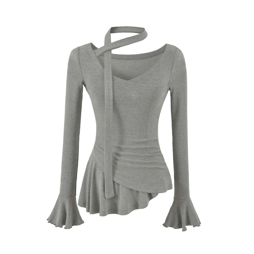 Damen Asymmetrisches tailliertes Langarm-Top mit Wickelschal, ausgestellten Volantärmeln und Stufenpeplum Shop Nory
