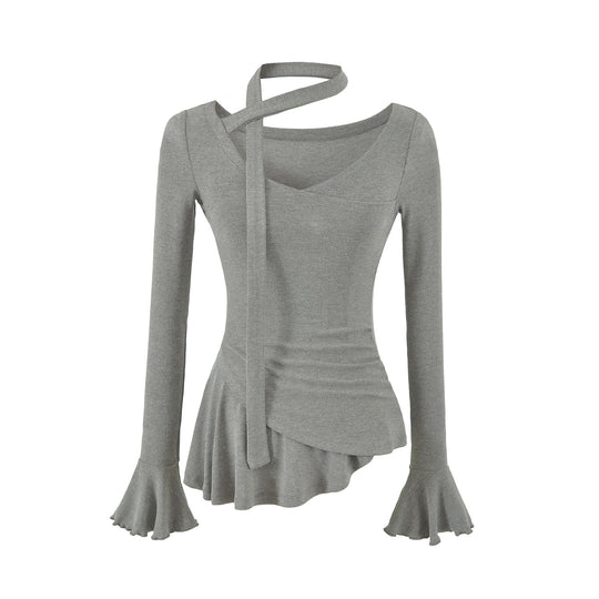 Damen Asymmetrisches tailliertes Langarm-Top mit Wickelschal, ausgestellten Volantärmeln und Stufenpeplum Shop Nory