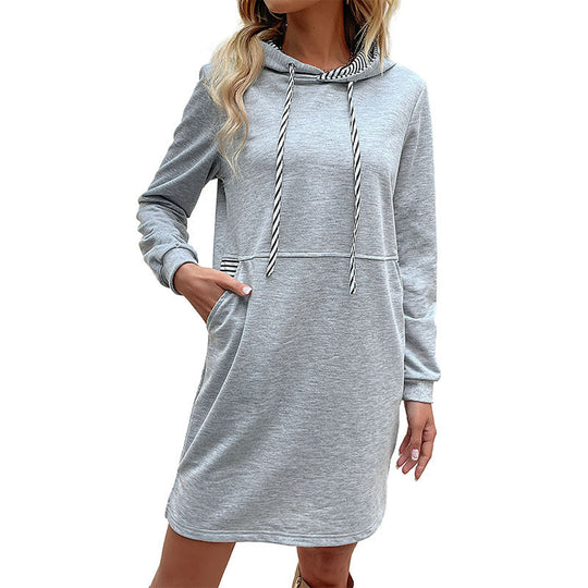 Damen Kapuzenkleid im Sweatshirt-Stil mit Kängurutasche, gestreifter Kordelzug und lässiger Tunika-Silhouette Shop Nory