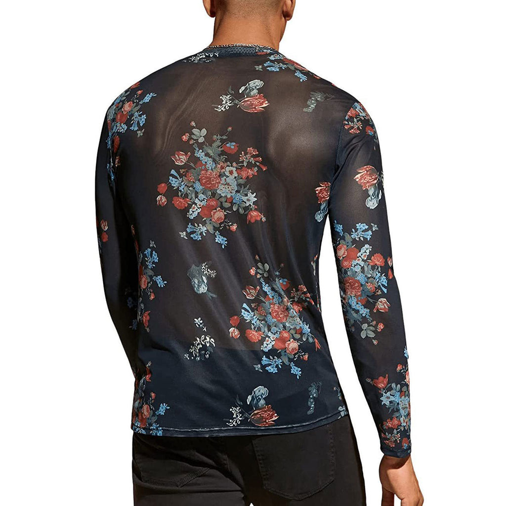 Herren Langarmshirt mit floralem Muster und transparentem Stoff