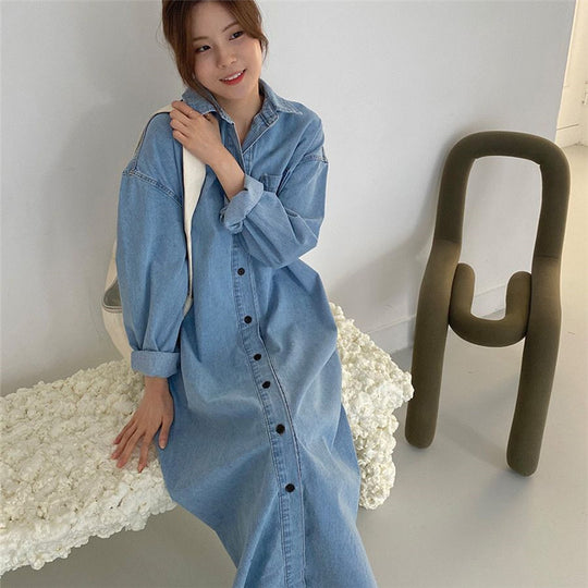 Damen Oversize-Denim-Maxikleid im Hemdstil mit Brusttasche und durchgehender Knopfleiste Shop Nory