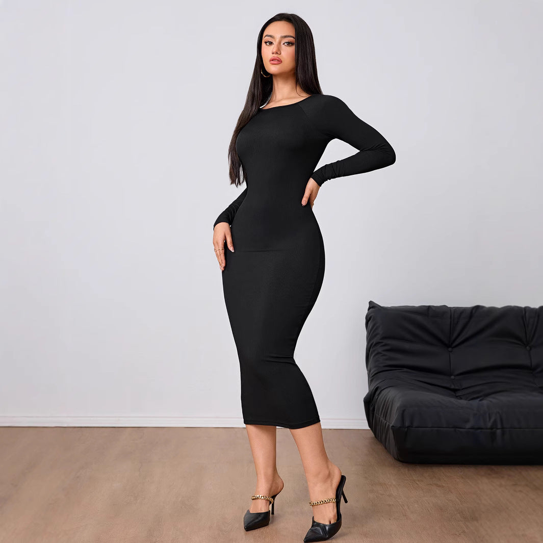 Damen figurbetontes Stretch-Midikleid mit U‑Boot‑Ausschnitt und figurformendem Rippstrick Shop Nory